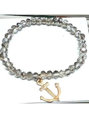 Anchor Charm Beaded Stretch Bracelet Clear Gray Gold Silver Nautical Coastal